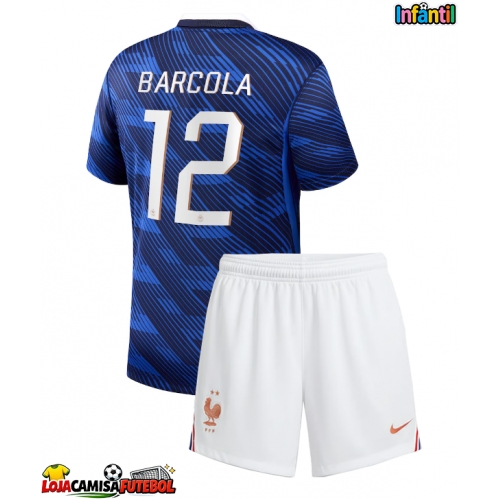 Camisa de Futebol França Bradley Barcola #12 Equipamento Principal Infantil Mundo 2026 Manga Curta (+ Calças curtas)